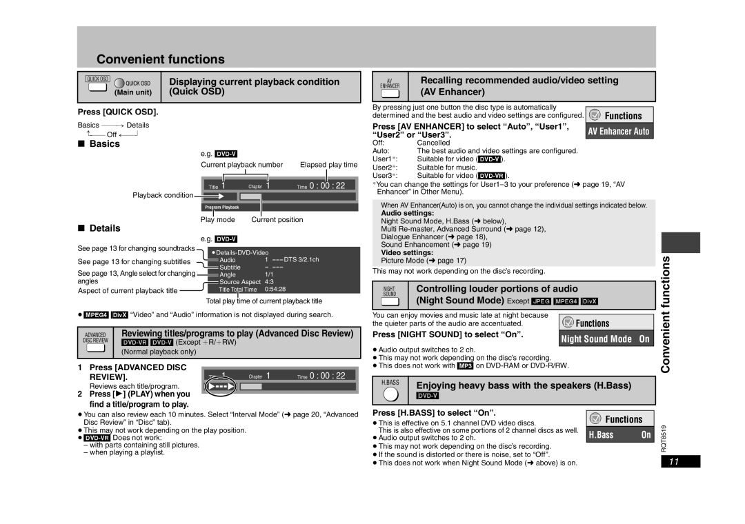 Panasonic DVD-S52 specifications Convenient functions, Functions 