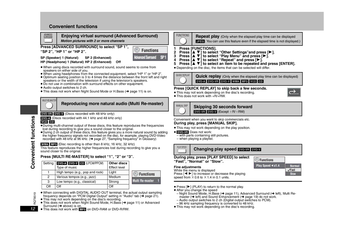 Panasonic DVD-S52 Convenient functions, Reproducing more natural audio Multi Re-master, Skipping 30 seconds forward 