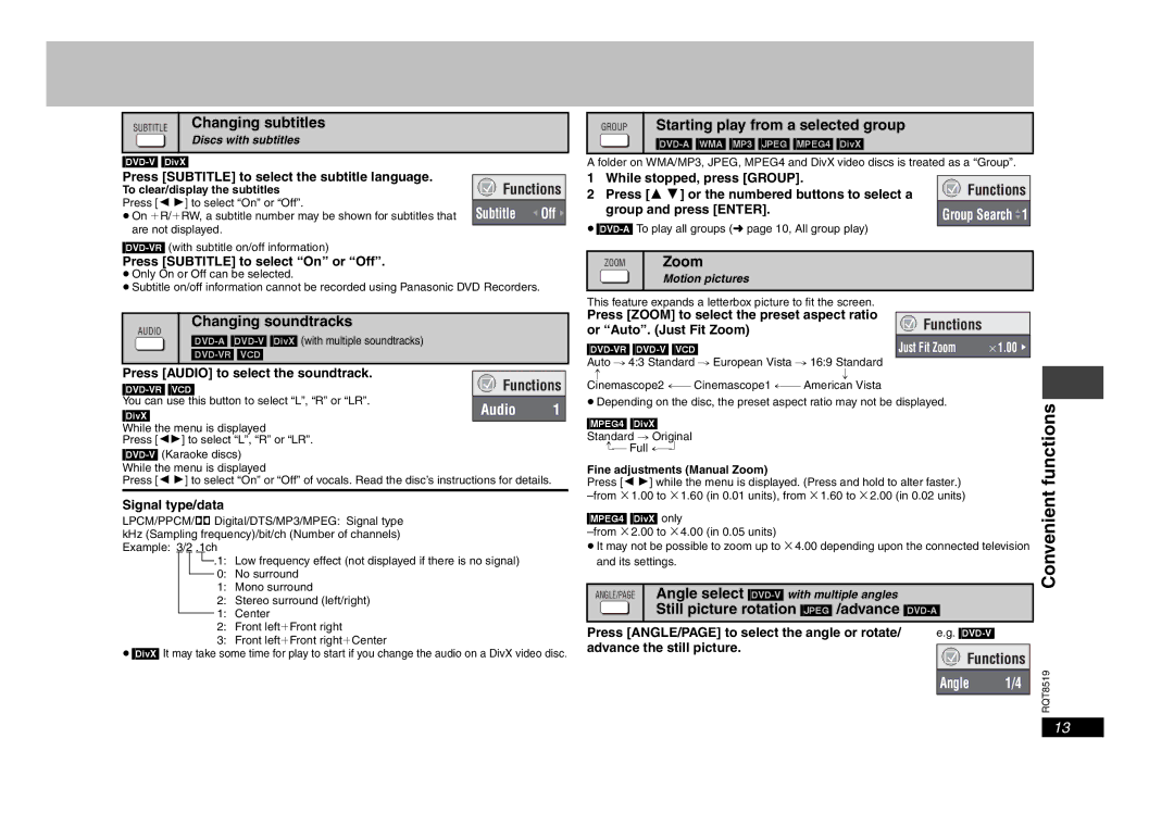 Panasonic DVD-S52 Subtitle Changing subtitles, Starting play from a selected group, Zoom, Changing soundtracks 