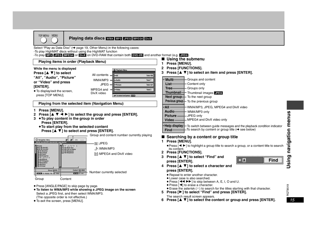 Panasonic DVD-S52 Menus, RQT8519Using navigation, Find, Using the submenu, Searching by a content or group title 