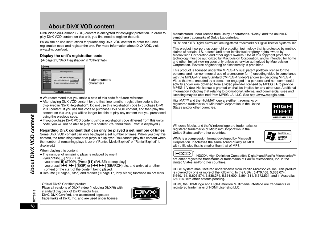 Panasonic DVD-S52 specifications About DivX VOD content, Display the unit’s registration code 