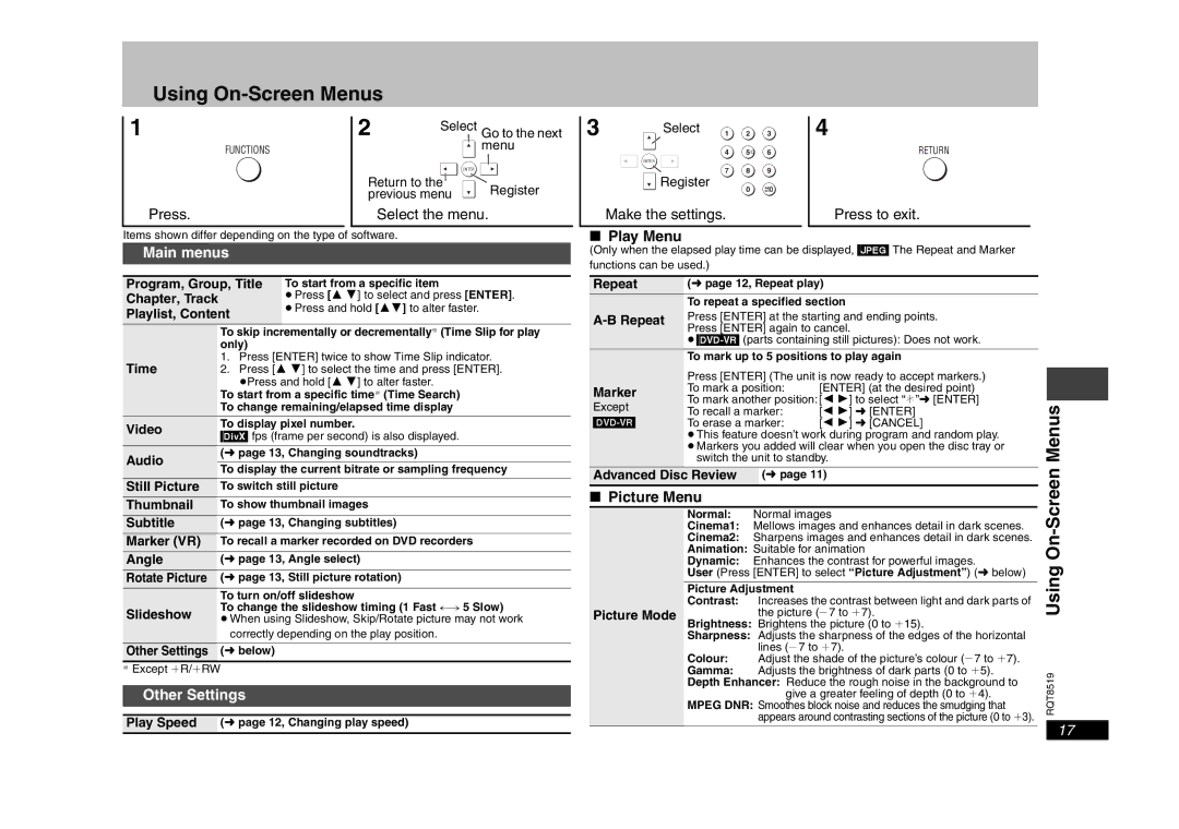 Panasonic DVD-S52 specifications RQT8519Using On-Screen Menus, Play Menu, Picture Menu 