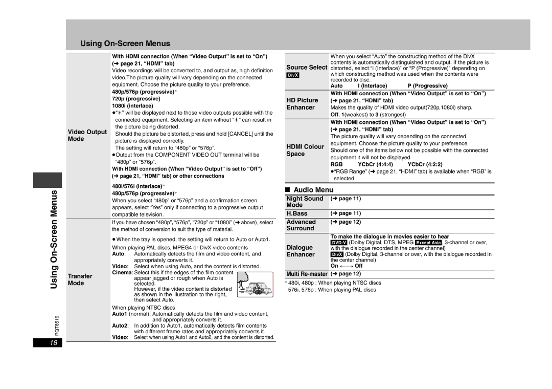 Panasonic DVD-S52 specifications Using On-Screen Menus, Audio Menu 