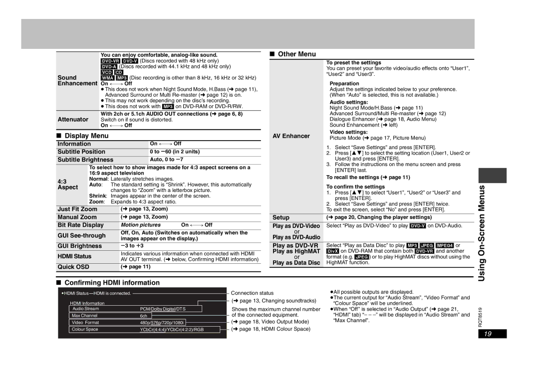 Panasonic DVD-S52 specifications Using On-Screen Menus, Display Menu, Other Menu, Confirming Hdmi information 