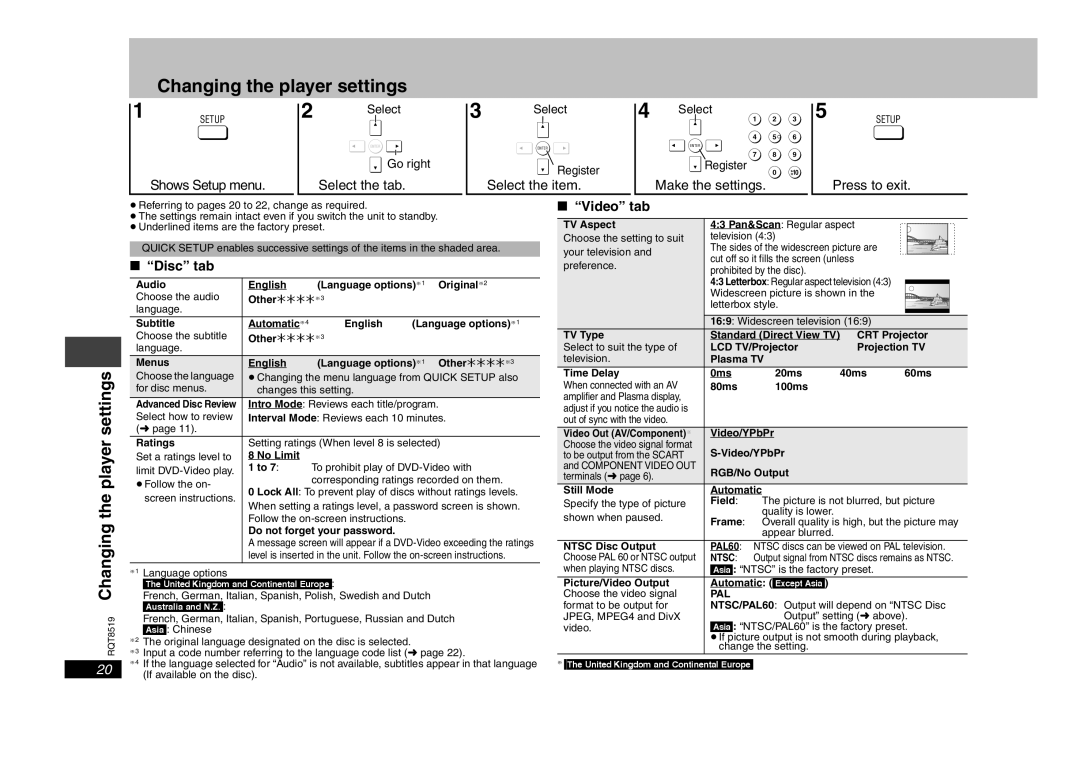 Panasonic DVD-S52 specifications Changing the player settings, Video tab, Disc tab, Pal 