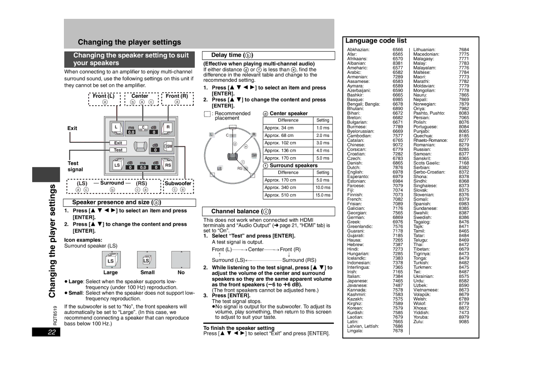 Panasonic DVD-S52 specifications Settings, Changing the player settings, Language code list 