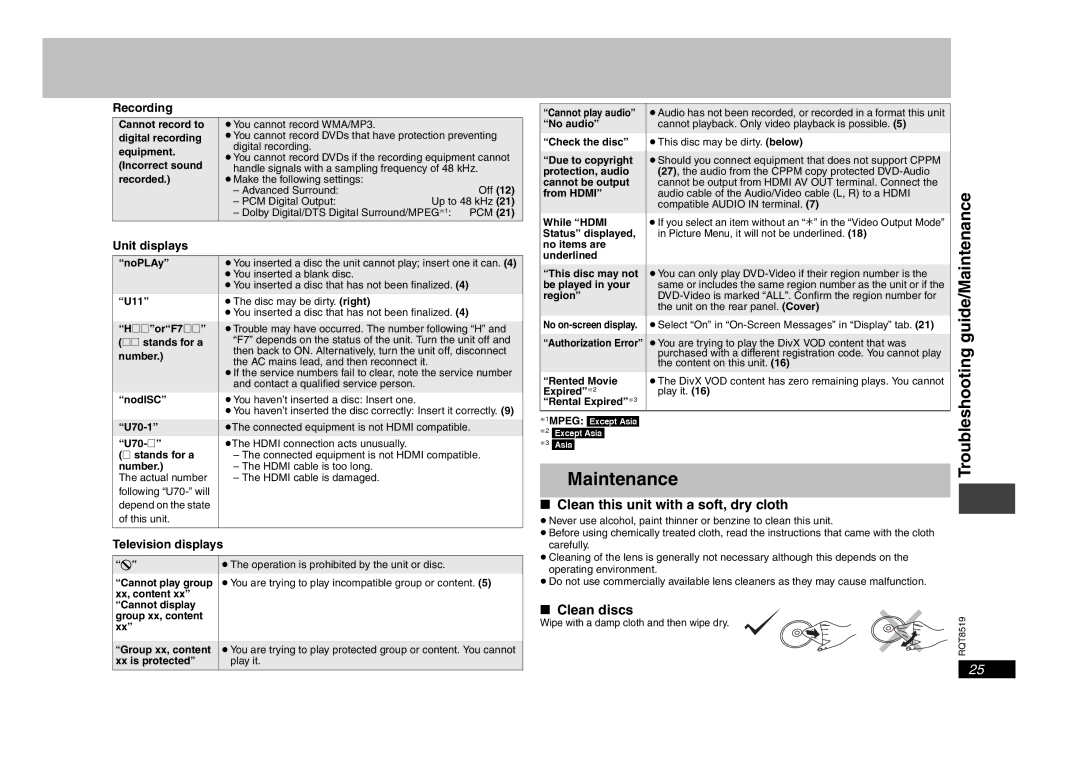 Panasonic DVD-S52 specifications Maintenance, Clean this unit with a soft, dry cloth, Clean discs 