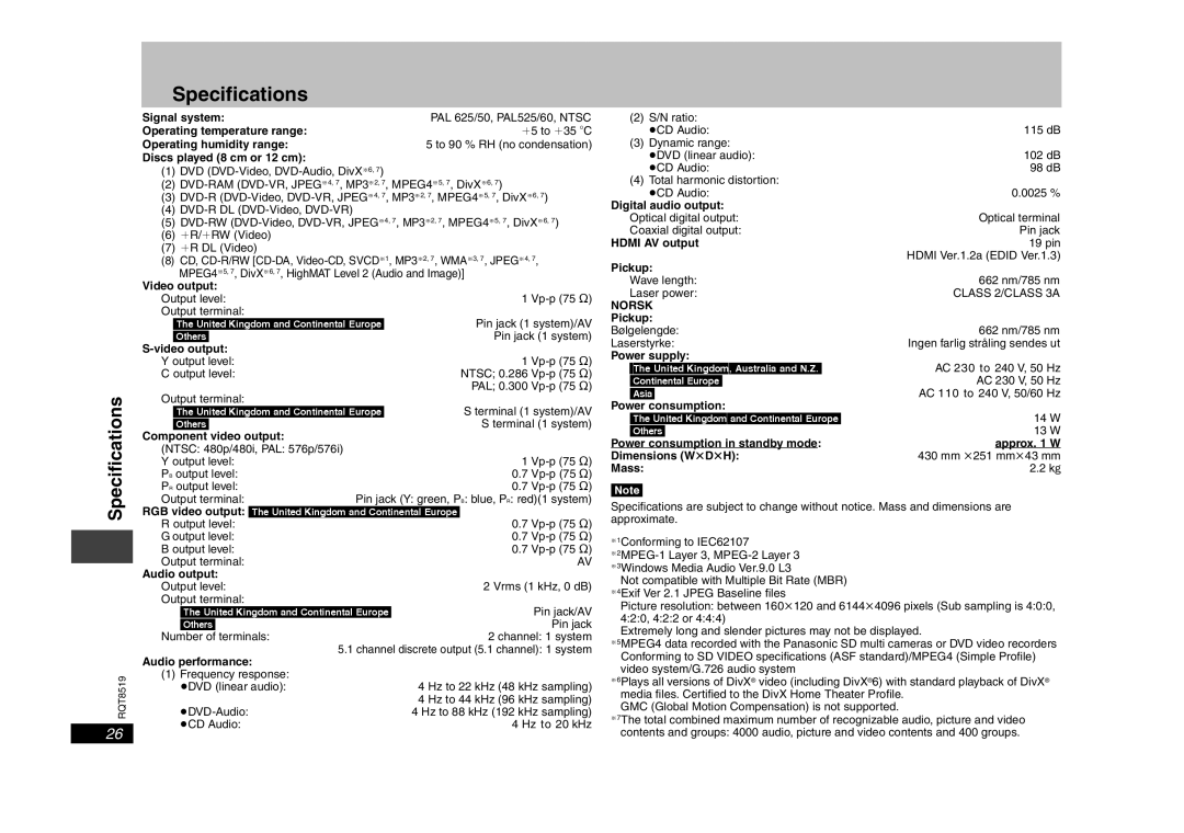 Panasonic DVD-S52 specifications Specifications, Norsk 