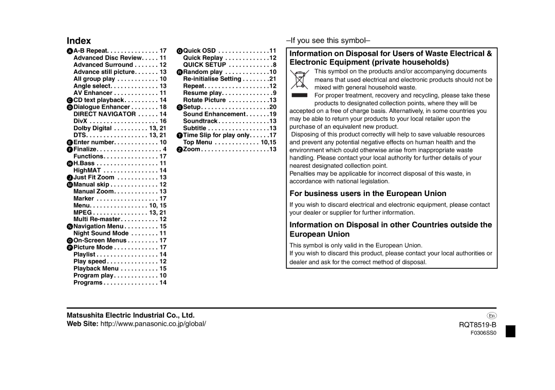 Panasonic DVD-S52 specifications Index, For business users in the European Union, RQT8519-B 