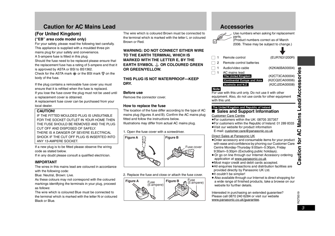 Panasonic DVD-S52 Accessories, For United Kingdom, Sales and Support Information, This Plug is not WATERPROOF-KEEP DRY 