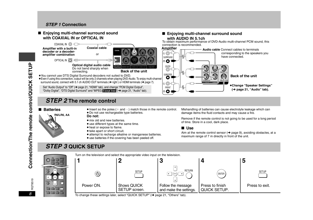 Panasonic DVD-S52 specifications Remote control, Connection/The remote control/QUICK Setup 