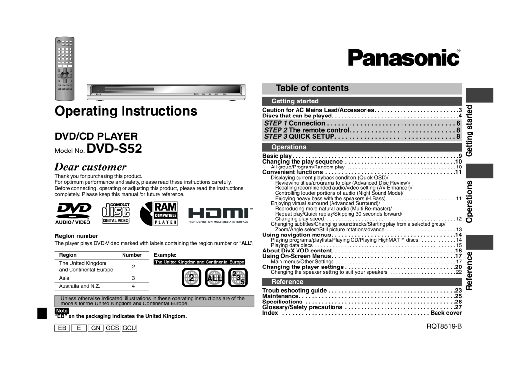 Panasonic specifications Table of contents, Operations Getting started, 2 ALL, Reference, Model No. DVD-S52, RQT8519-B 