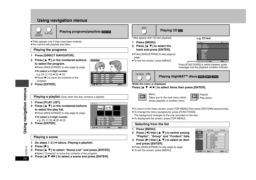 Panasonic DVD-S52 Using navigation menus, Playing CD CD, Playing the programs, Playing HighMATTM discs WMA MP3 JPEG 
