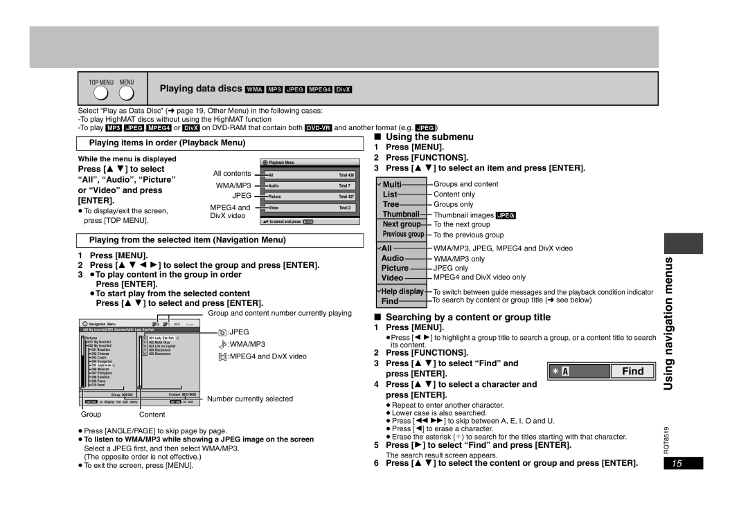 Panasonic DVD-S52 menus, RQT8519Using navigation, Find, ∫ Using the submenu, ∫ Searching by a content or group title 