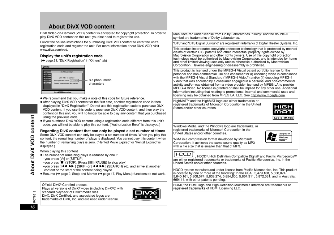 Panasonic DVD-S52 About DivX VOD content, Regarding DivX content that can only be played a set number of times 