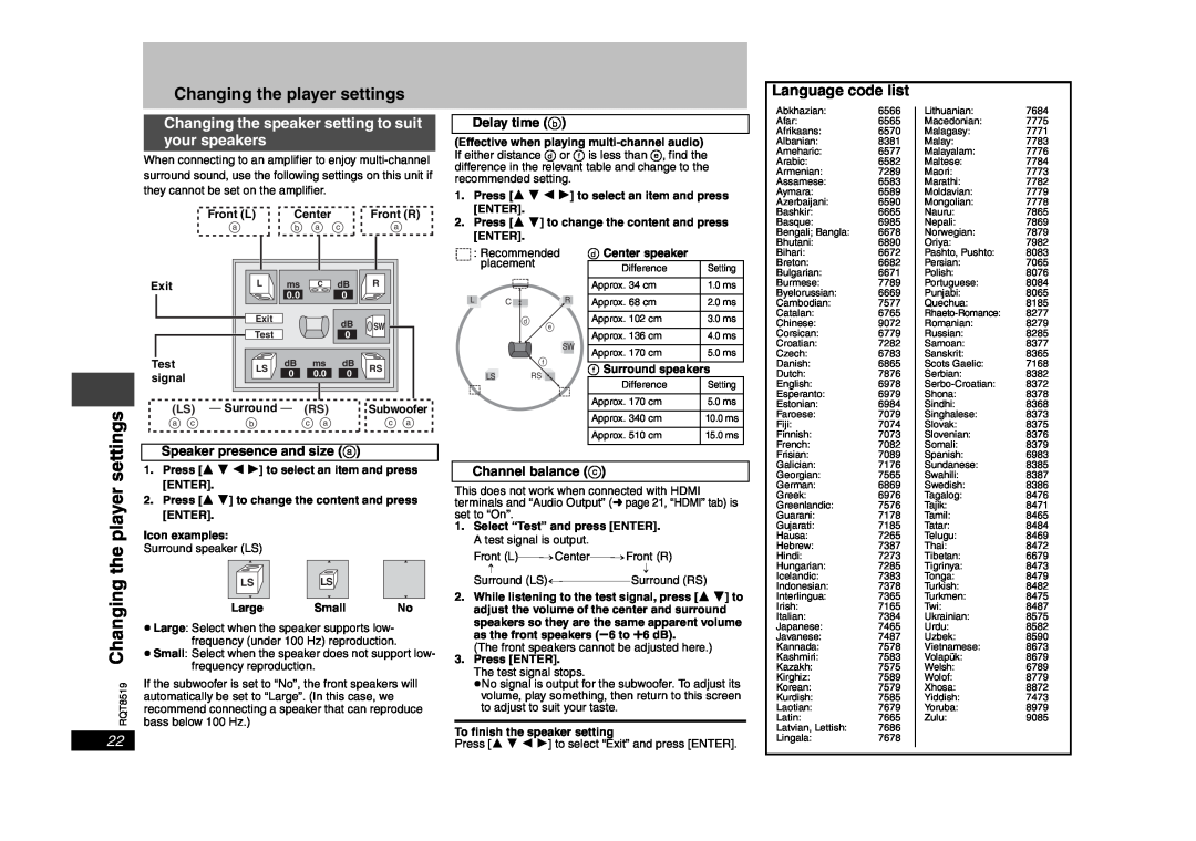 Panasonic DVD-S52 specifications Changing the player settings, Language code list 