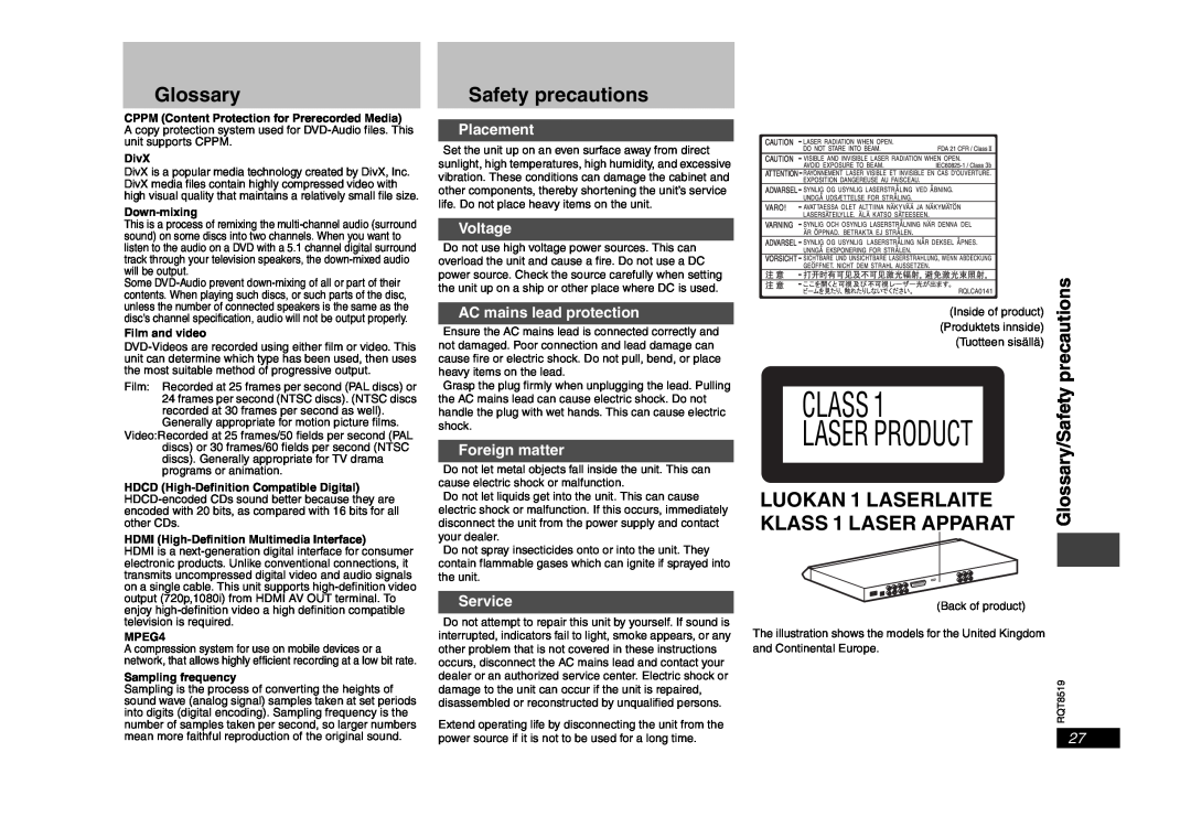 Panasonic DVD-S52 Glossary, Safety precautions, LUOKAN 1 LASERLAITE, KLASS 1 LASER APPARAT, Placement, Voltage, Service 