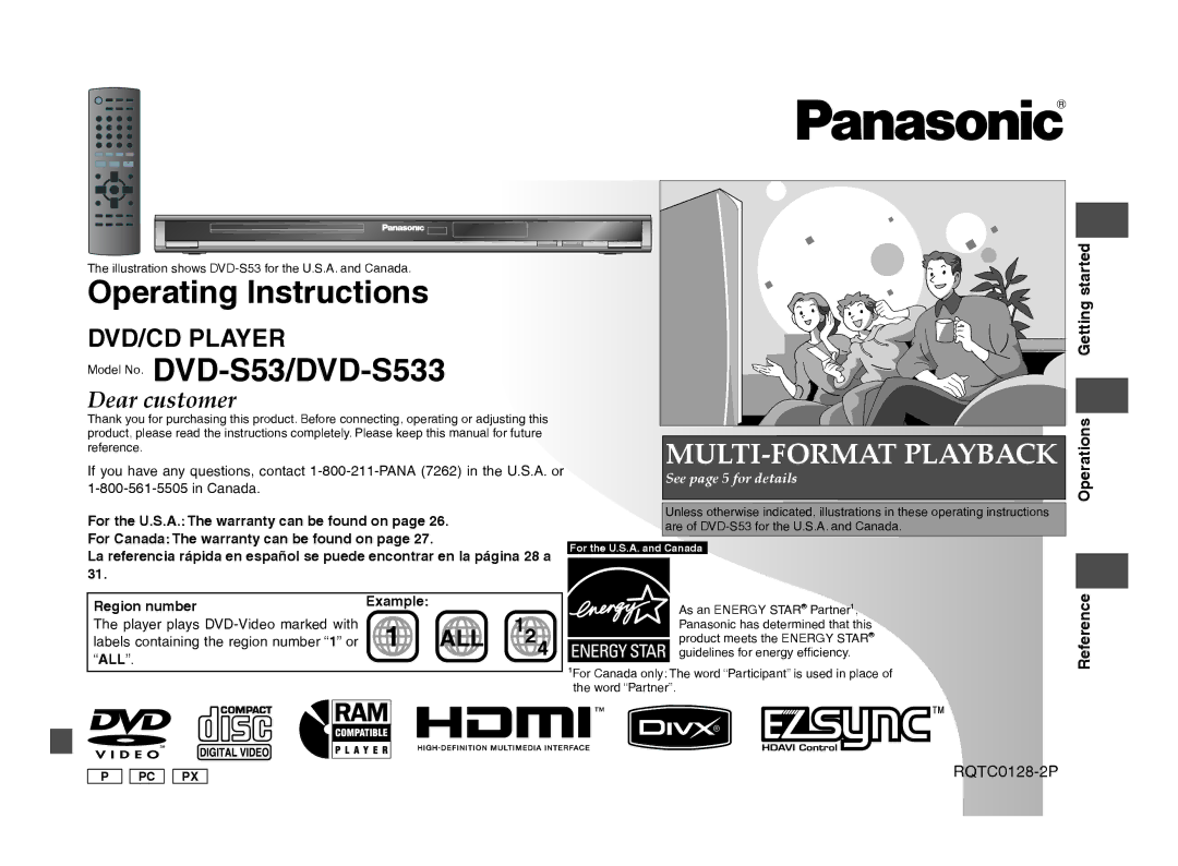 Panasonic DVD-S533 warranty Getting started, Operations, Reference, Region number, Example 