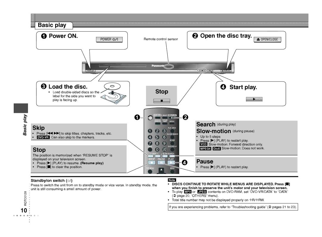 Panasonic DVD-S533 warranty Basic play Power on, Open the disc tray, Load the disc Stop Start play, Skip, Pause 