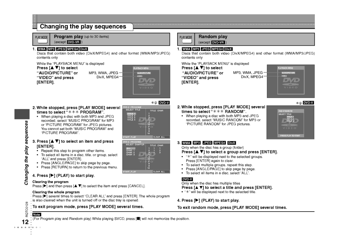 Panasonic DVD-S533 warranty Changing the play sequences, Random play, Sequences 