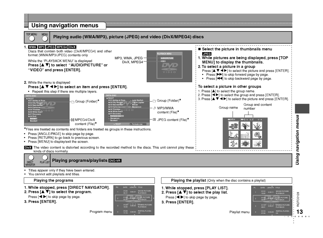 Panasonic DVD-S533 warranty Using navigation menus, Playing programs/playlists DVD-VR 