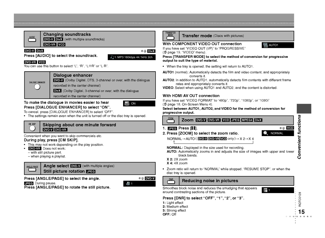 Panasonic DVD-S533 warranty Dialogue enhancer, Skipping about one minute forward, Still picture rotation Jpeg 