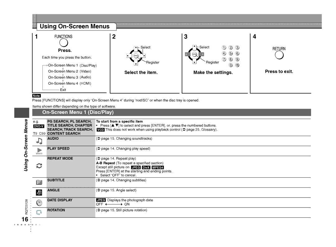 Panasonic DVD-S533 warranty Using On-Screen Menus, On-Screen Menu 1 Disc/Play 