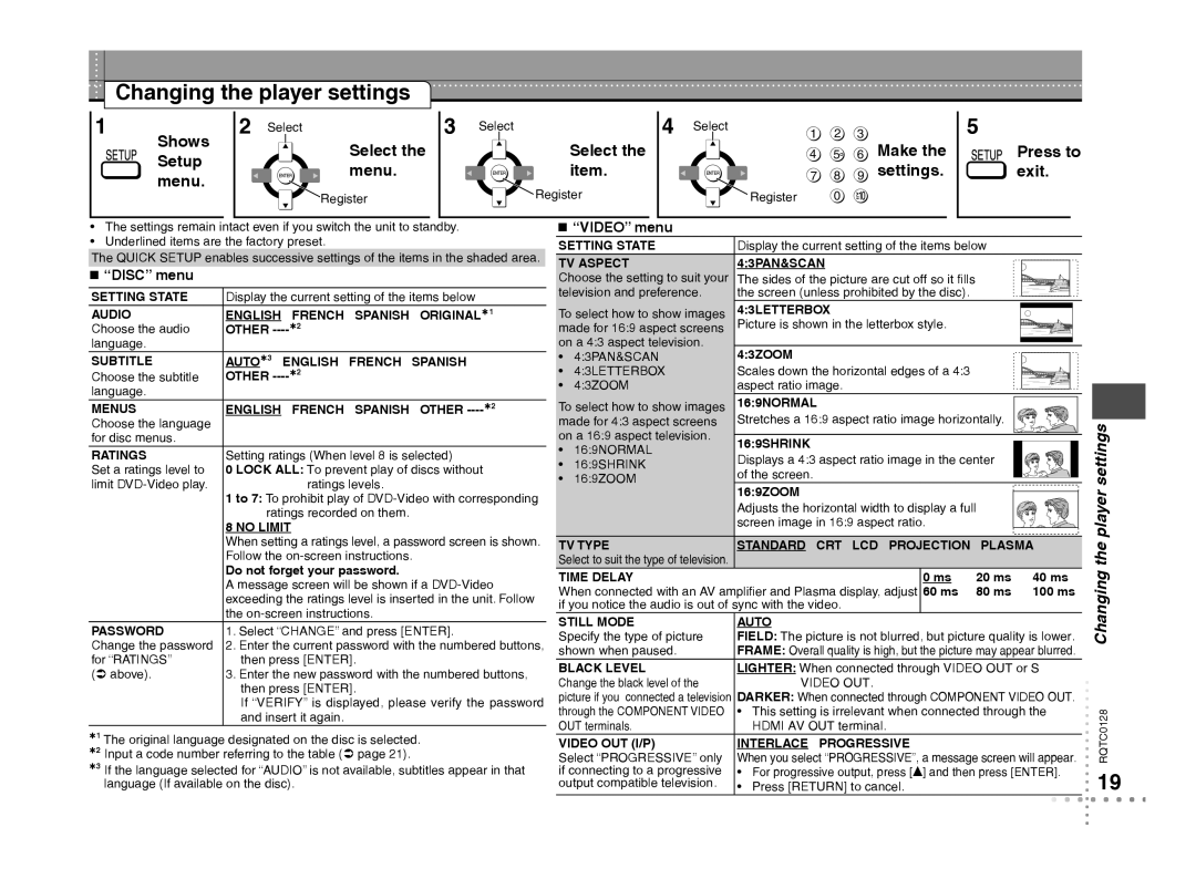 Panasonic DVD-S533 warranty Changing the player settings, Shows Setup menu, Select the menu, Settings 