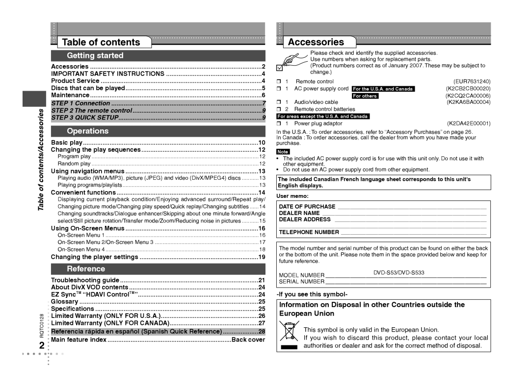 Panasonic DVD-S533 warranty Table of contents, Accessories 