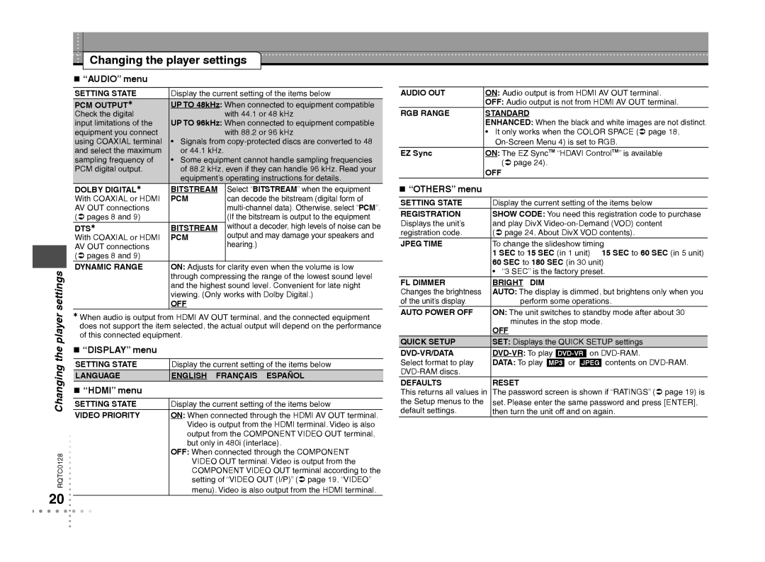 Panasonic DVD-S533 warranty Changing the player settings,  Audio menu,  Display menu,  Hdmi menu,  Others menu 