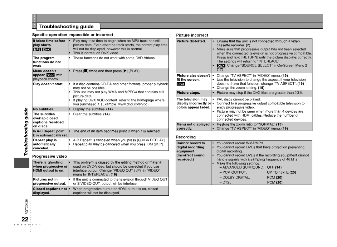 Panasonic DVD-S533 warranty Troubleshooting guide, Guide 