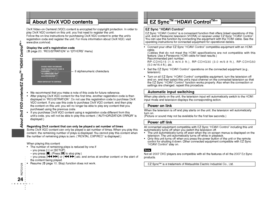 Panasonic DVD-S533 warranty About DivX VOD contents, EZ SyncTM Hdavi ControlTM 