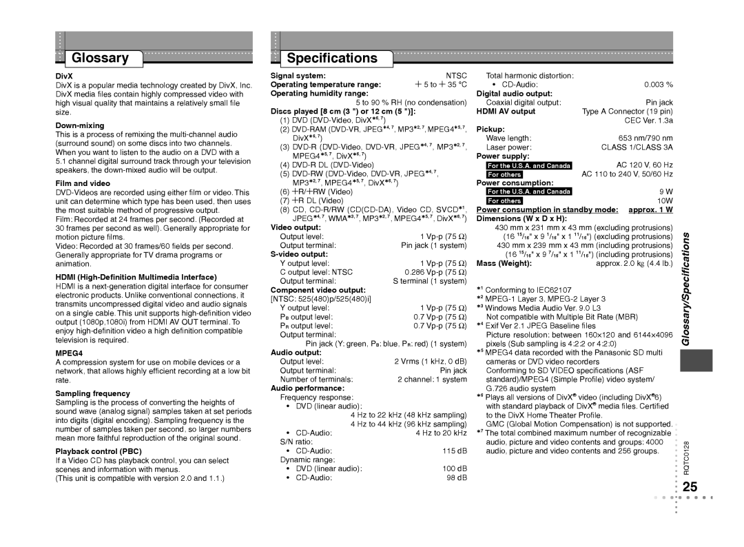 Panasonic DVD-S533 warranty Glossary Speciﬁcations, Glossary/Speciﬁcations, MPEG4, Ntsc 