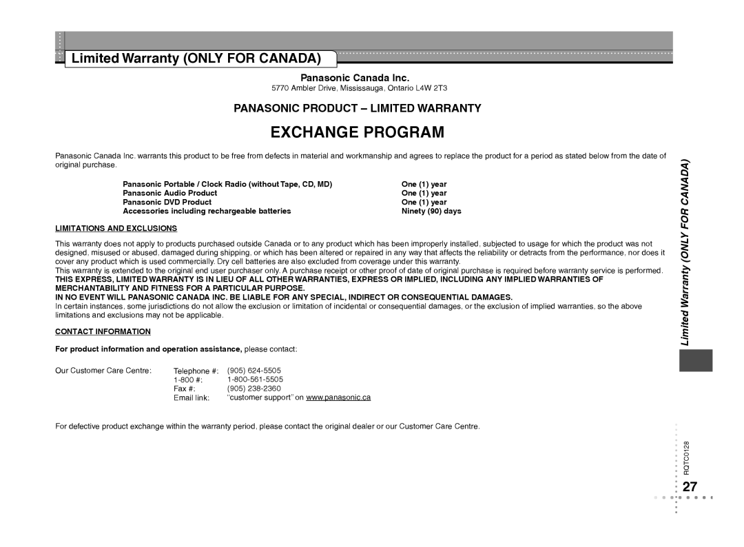 Panasonic DVD-S533 Limited Warranty only for Canada, Panasonic Canada Inc, Limitations and Exclusions, Contact Information 