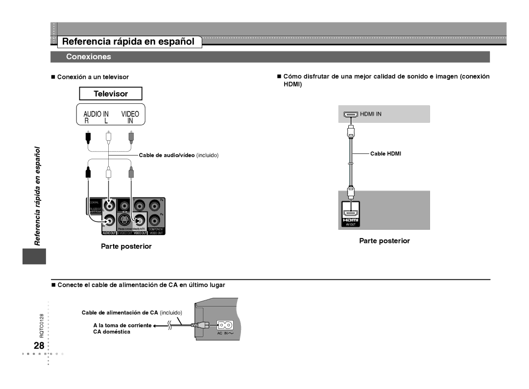 Panasonic DVD-S53 warranty Referencia rápida en español, Conexiones, Televisor, Parte posterior,  Conexión a un televisor 