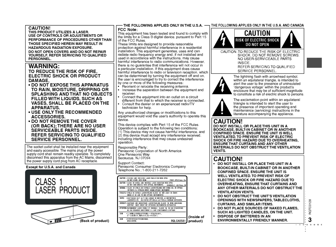 Panasonic DVD-S533 warranty FCC Note, Except for U.S.A. and Canada Back of product, Following Applies only in the U.S.A 