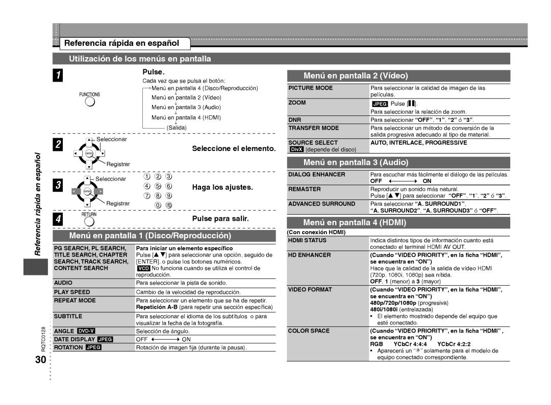 Panasonic DVD-S533 warranty Utilización de los menús en pantalla, Menú en pantalla 2 Vídeo, Menú en pantalla 3 Audio 