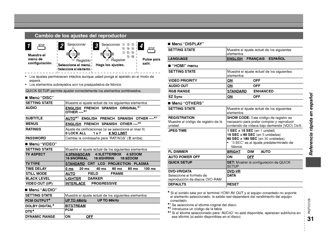 Panasonic DVD-S533 warranty Cambio de los ajustes del reproductor 