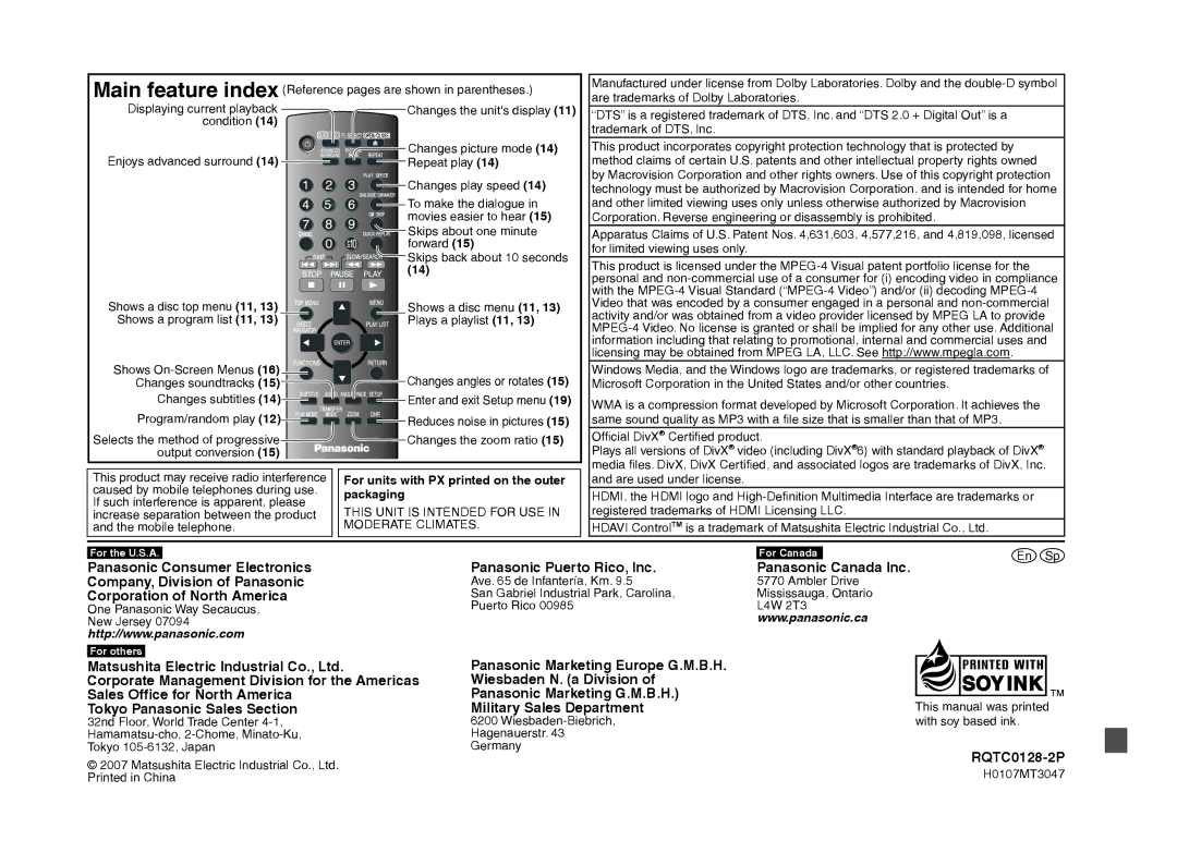 Panasonic DVD-S533 warranty Corporation of North America, RQTC0128-2P, For units with PX printed on the outer, Packaging 