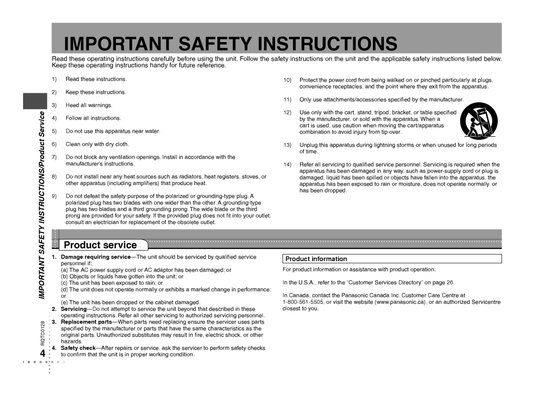 Panasonic DVD-S533 warranty Product service, INSTRUCTIONS/Product Service, Product information 