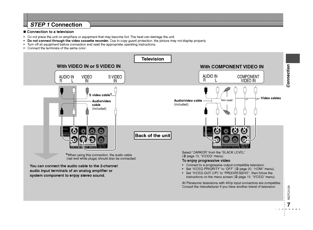 Panasonic DVD-S533 warranty Connection, Television With Video in or S Video, Back of the unit, With Component Video 