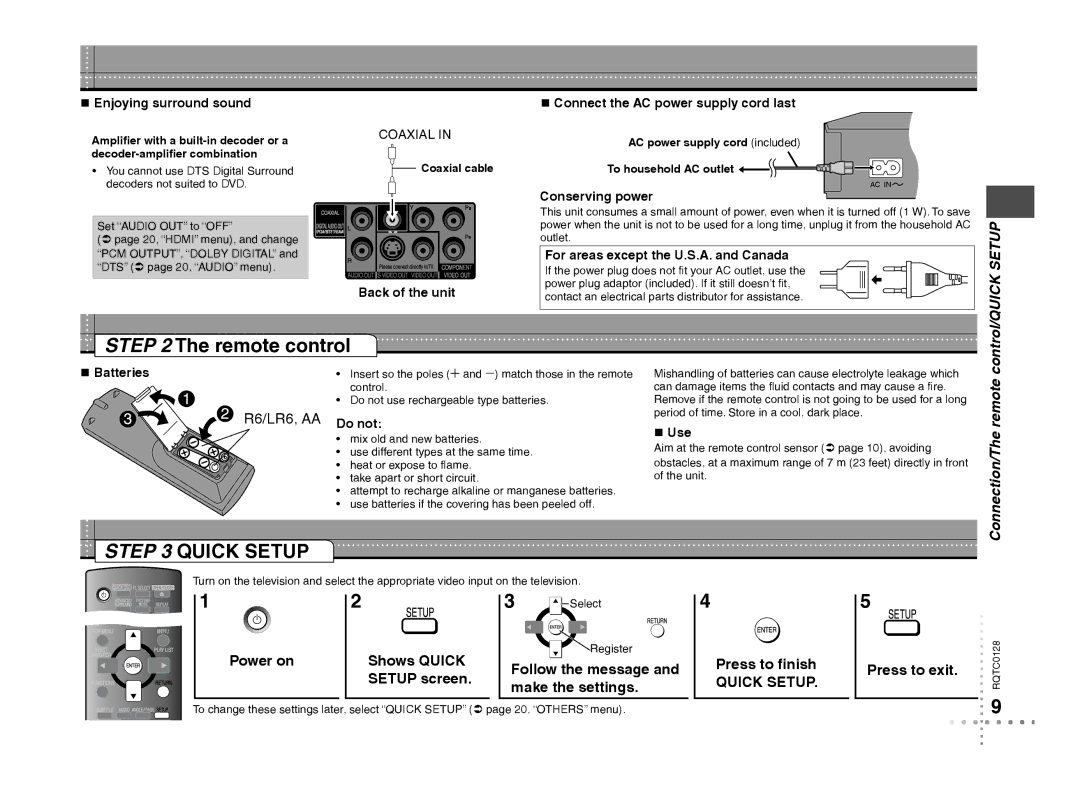 Panasonic DVD-S533 warranty Remote control, Power on Shows Quick Setup screen, Press to exit 