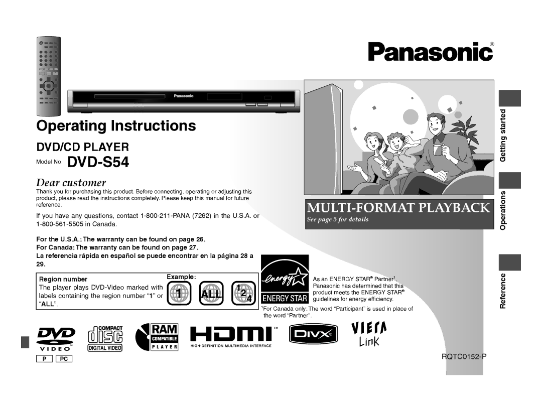 Panasonic DVD-S54 warranty Getting started, Operations, Reference, Region number, Example 