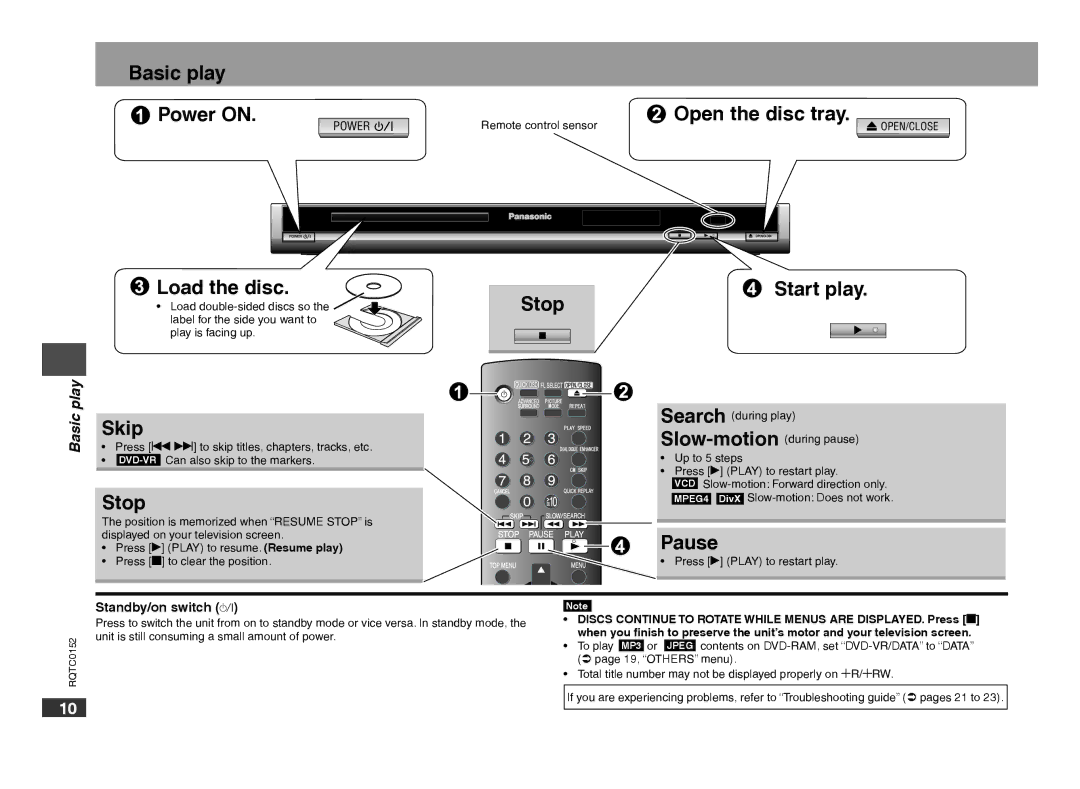 Panasonic DVD-S54 warranty Basic play Power on, Open the disc tray, Load the disc Stop Start play, Skip, Pause 