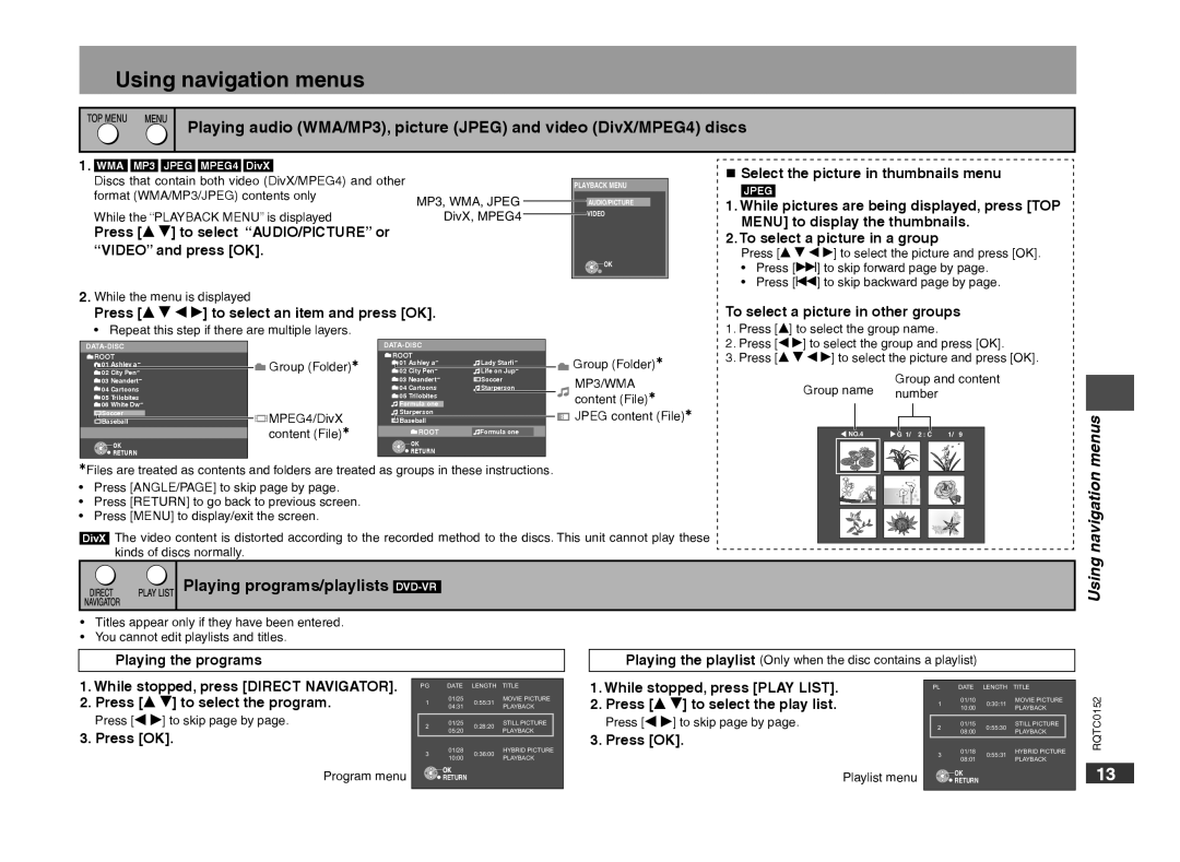 Panasonic DVD-S54 warranty Using navigation menus, Playing programs/playlists DVD-VR 