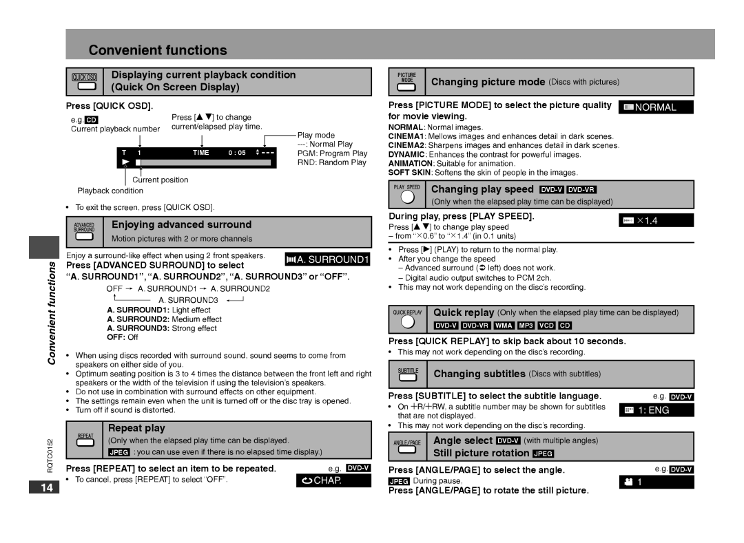 Panasonic DVD-S54 warranty Convenient functions, Functions 