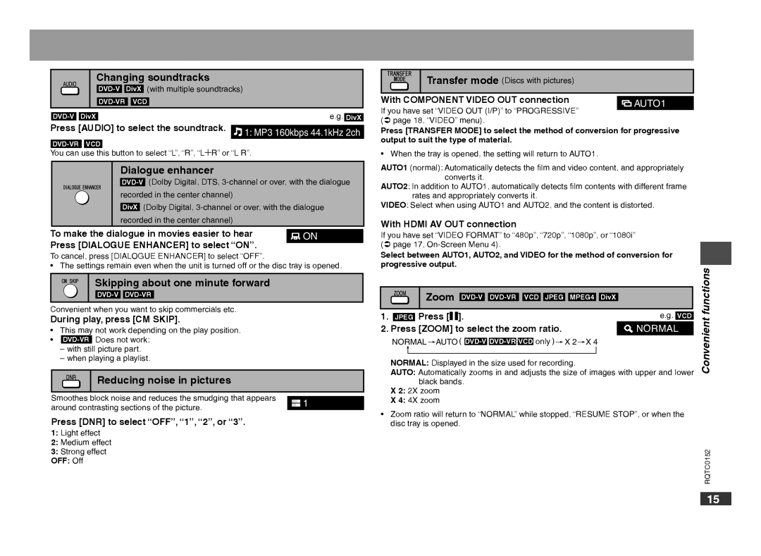 Panasonic DVD-S54 Changing soundtracks, Dialogue enhancer, Skipping about one minute forward, Reducing noise in pictures 