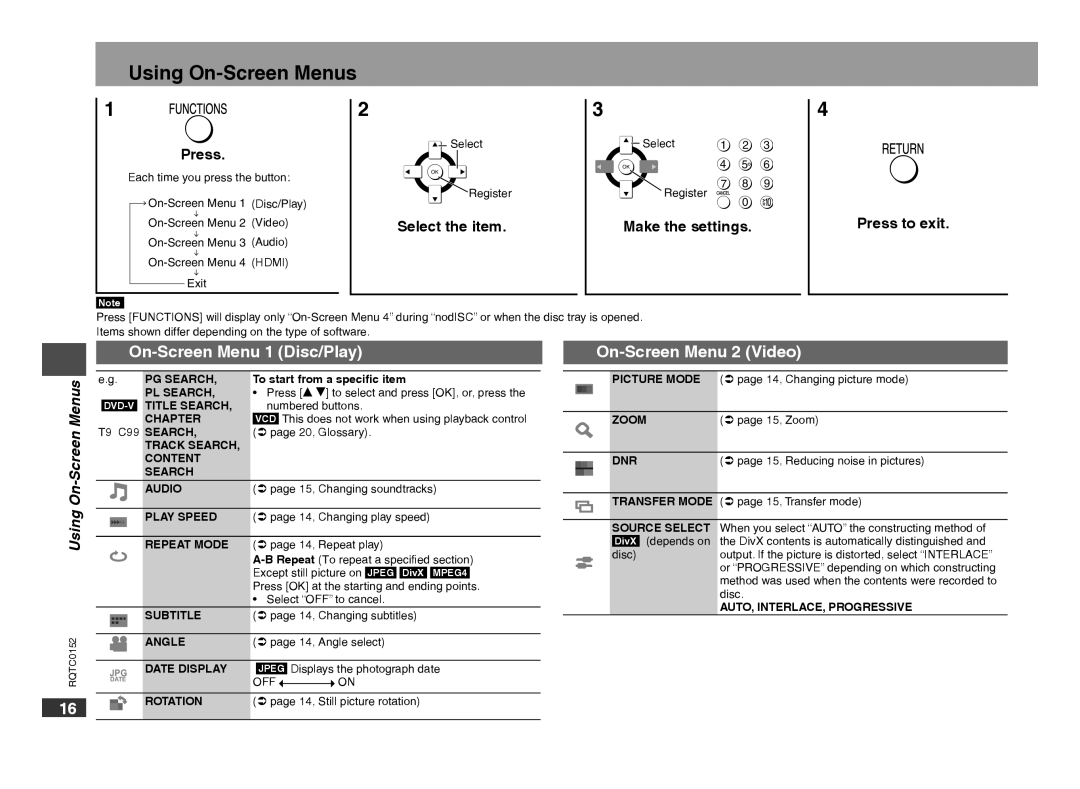 Panasonic DVD-S54 warranty Using On-Screen Menus, On-Screen Menu 1 Disc/Play, On-Screen Menu 2 Video 