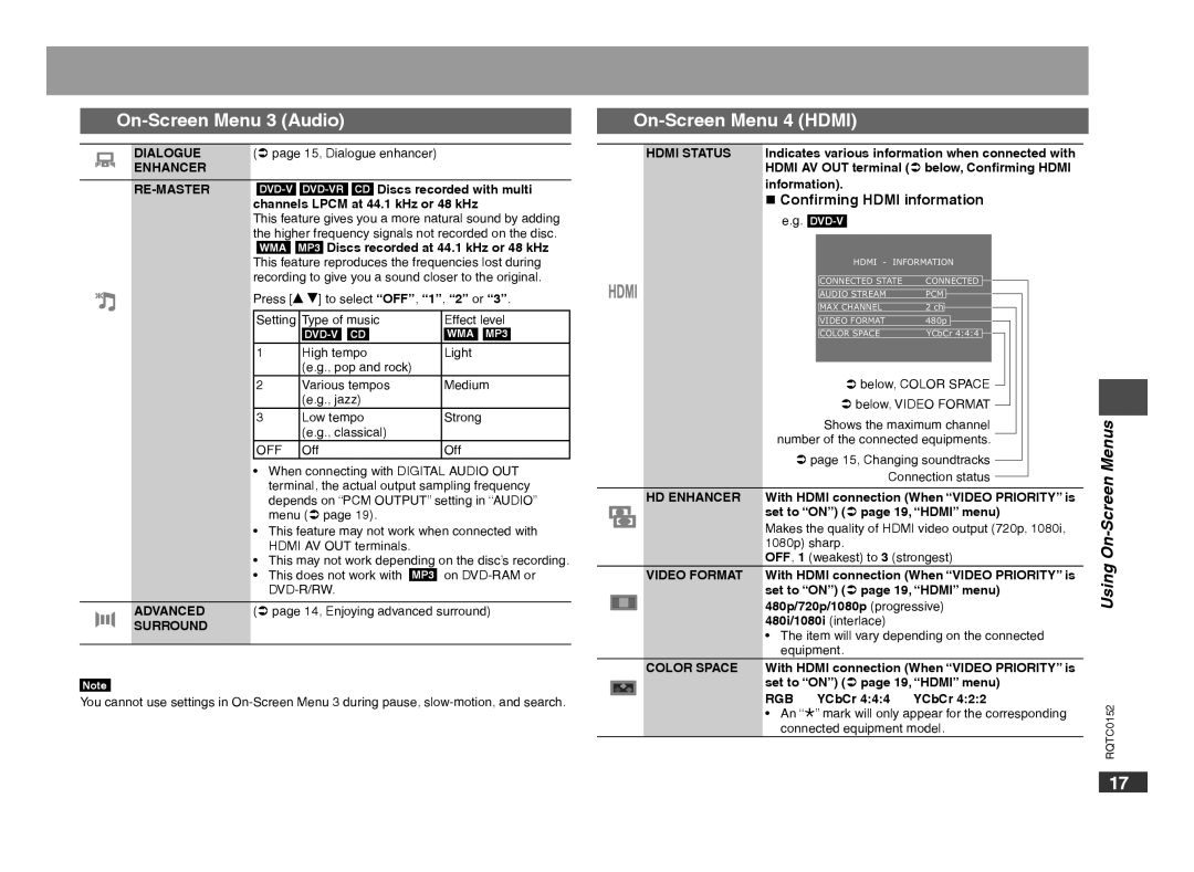 Panasonic DVD-S54 warranty On-Screen Menu 3 Audio, On-Screen Menu 4 Hdmi,  Conﬁrming Hdmi information e.g. DVD-V 