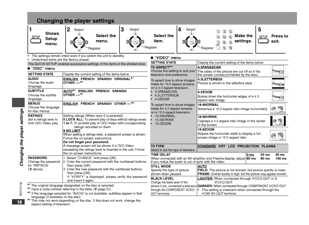 Panasonic DVD-S54 warranty Changing the player settings 